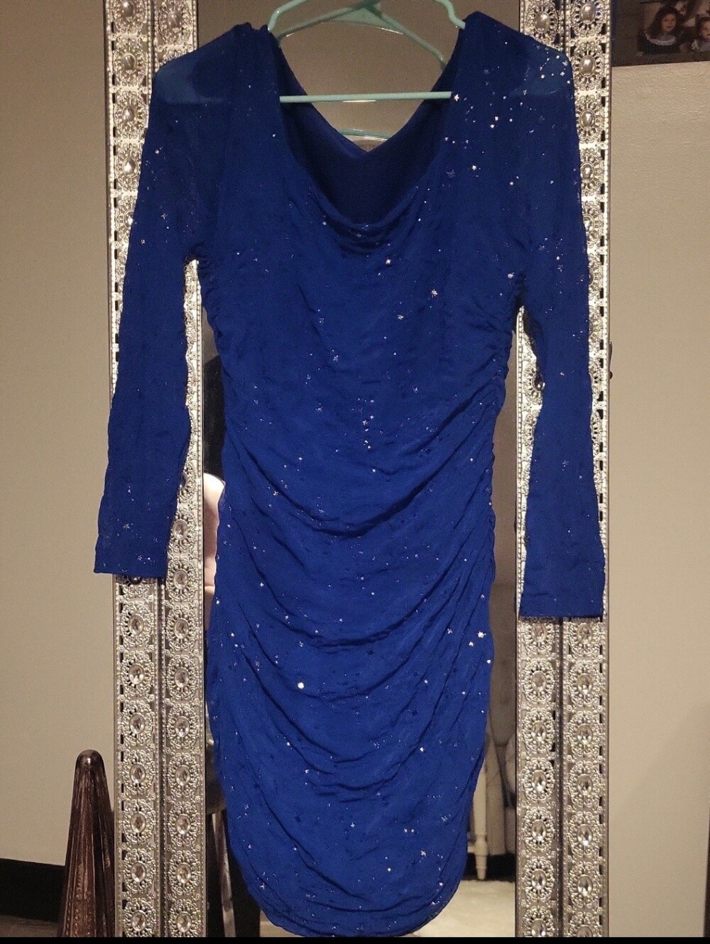 💙✨️ Celestial Sparkly Blue Short Long-Sleeve Ruched Evening Dress